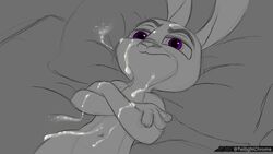 16:9 bodily_fluids cum cum_on_face cumshot disney ejaculation female flat_chest fur genital_fluids grey_body hi_res judy_hopps lagomorph leporid mammal monochrome purple_eyes rabbit rough_sketch simple_background solo twilightchroma widescreen zootopia