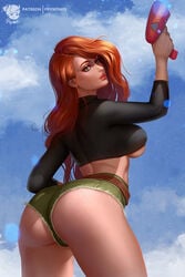 1girls alternate_version_available artist_name bare_midriff big_ass black_topwear booty_shorts cutoff_shorts disney female female_only female_protagonist kim_possible kimberly_ann_possible long_hair looking_back looking_over_shoulder prywinko red_hair redhead short_shorts solo underboob watermark