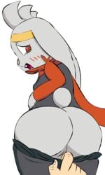 3:5 alexzozaya clothed clothing female from_behind_position genitals humanoid lagomorph leporid mammal nintendo pants_down partially_clothed pokémon_(species) pokemon pussy rabbit raboot sex solo video_games