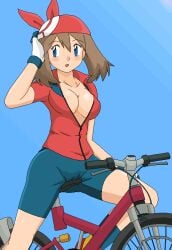 1girls areola_slip bandana bicycle big_breasts bike_shorts blue_eyes breasts brown_hair busty cameltoe cleavage clothing female female_only footwear ground_vehicle handwear hat headwear hi_res human kuro_hopper large_breasts may_(pokemon) nintendo nipple_slip nipples no_bra oekaki open_clothes open_shirt pale_skin pokemon shirt solo sweat tomboy unzipped