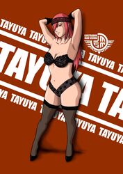 1girls arms_behind_head arms_up bare_shoulders bra breasts brown_eyes character_name cleavage facial_piercing female female_only footwear hair_between_eyes headband heels joao_segura lingerie long_hair naruto naruto_(classic) panties piercing posing red_hair stockings tayuya underwear wide_hips