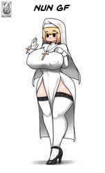 1girls big_breasts blonde_hair blush curvy_figure female gloves haloowl high_heels huge_breasts ideal_gf large_breasts legwear nun nun's_habit original short_hair solo standing thick_thighs thighs tight_clothing voluptuous white_background wide_hips