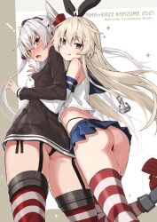 ! 2girls amatsukaze_(kantai_collection) ass black_hairband black_panties blonde_hair blue_sailor_collar blue_skirt breast_grab brown_dress cowboy_shot crop_top dress elbow_gloves garter_straps gloves grabbing grey_eyes hair_tubes hairband highleg highleg_panties highres hug hug_from_behind kantai_collection long_hair microskirt miniskirt multiple_girls panties pantyshot pantyshot_(standing) red_legwear sailor_collar sailor_dress shimakaze_(kantai_collection) short_dress silver_hair skirt sleeveless smokestack_hair_ornament striped striped_legwear takanashi_kei_(hitsujikan) thighhighs two_side_up underwear white_gloves white_sailor_collar yuri