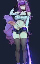 1futa animal_ears balls bare_shoulders big_breasts breasts cleavage clothed erection fox_ears fox_girl fox_tail futa_only futanari huge_cock large_breasts looking_at_viewer pale_skin penis penis_out precum purple_hair solo standing testicles thighhighs todding