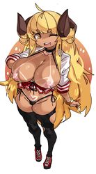 1girls ahoge anila_(granblue_fantasy) areolae big_breasts big_horns black_legwear blonde_hair bracelet choker draph draph_race_(granblue_fantasy) female female_only granblue_fantasy hair_on_horn heart_tan horns legwear long_hair looking_at_viewer miniskirt nipples no_bra shirt_open shoes side-tie_panties sleeves_rolled_up smiling solo solo_female tan_skin tanline thick_thighs very_high_resolution white_background wink yellow_eyes zanamaoria