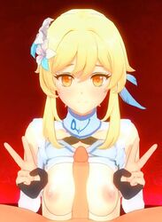 1boy 1girls 3d animated blonde_hair boots breasts breasts_out clothed clothed_female clothed_female_nude_male double_v female female_focus flower_in_hair genshin_impact kanakanatn koikatsu looking_at_viewer loop lumine_(genshin_impact) male male/female medium_breasts nipples no_sound outercourse paizuri peace_sign shirt shirt_lift short_hair short_hair_with_long_locks straight tagme v video yellow_eyes young