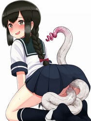 1other anal ass black_hair black_legwear blue_skirt blush braid breath brown_eyes commentary_request consensual_tentacle_sex consensual_tentacles consentacles double_penetration enemy_naval_mine_(kantai_collection) feet female heart heart-shaped_pupils heavy_breathing highres isonami_(kantai_collection) kantai_collection kneehighs kneeling leaning_forward lifted_by_another long_hair low_twintails no_shoes open_mouth panties panties_around_one_leg presenting pussy school_girl school_unifor schoolgirl seifuku sex shinkaisei-kan shirt short_sleeves simple_background skirt skirt_lift smile socks soles symbol-shaped_pupils tentacle thighs tsusshi twin_braids twintails underwear vaginal_penetration white_background white_panties white_shirt