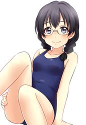 artist_request assassination_classroom black_hair blue_eyes blush braid cute glasses okuda_manami one-piece_swimsuit school_swimsuit shy simple_background sitting small_breasts swimsuit