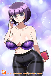 1girls big_breasts bra curvy_figure elite_four eye_contact female female_only glasses large_breasts looking_at_viewer nintendo pantyhose pokemon pokemon_bw purple_eyes purple_hair shauntal_(pokemon) short_hair short_purple_hair smile solo standing thick_thighs thighs yensh