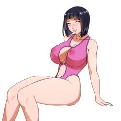 1girls areolae big_breasts blush bob_cut boruto:_naruto_next_generations breasts cleavage collarbone cutout female female_only hyuuga_hinata lipstick looking_at_viewer makeup naruto naruto_(series) nipples popsiclebunny purple_hair see-through see-through_clothing simple_background sitting smile swimsuit thick_thighs violet_eyes white_background