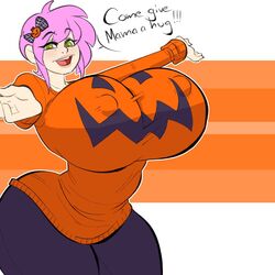 hairbow halloween huge_breasts nericurls nipple_bulge pink_hair sweater thin_waist