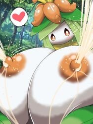 1girls areolae blush breast_hold breasts erect_nipples female female_only flora_fauna flower forest green_hair heart huge_breasts lactation large_nipples leaf lilligant milk nintendo nipples norio_(pheromosa_times) orange_eyes orange_nipples outdoors plant plant_girl pokemon pokemon_bw solo solo_female spoken_heart white_skin
