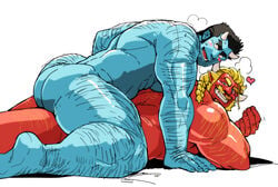 2boys ass bara beard black_eyes black_hair blonde_hair blue_oni blue_oni_(chijimetaro) blue_skin blush breath chijimetaro come_hither couple facial_hair feet_out_of_frame giant_male hairy heart horns implied_sex male_focus male_only multiple_boys muscle on_person oni oni_horns original pointy_ears red_oni red_oni_(chijimetaro) red_skin short_hair thick_thighs thighs