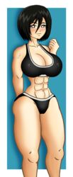 1girls abs alternate_version_available attack_on_titan big_breasts black_hair blue_background blush clothes female female_only gray_eyes heart-shaped_pupils highres hungy looking_at_viewer mikasa_ackerman panties shingeki_no_kyojin short_hair solo sports_bra sportswear thighs