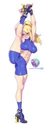 1girls abs baby_(metroid) big_breasts bimbo breasts female female_only fit_female kajinman large_breasts leg_lift leg_up lip_biting metroid metroid_(creature) muscles nintendo pinup rocket_heels samus_aran seductive_smile simple_background solo solo_focus spread_legs vertical_splits winking_at_viewer