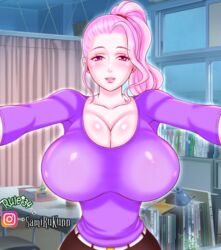 1girls big_breasts female huge_breasts milf oc original_character pink_hair ponytail purple_eyes samiruukun shirt solo