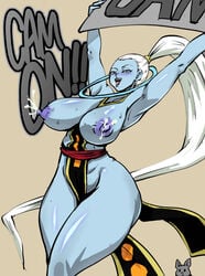 alternate_costume angel angel_(dragon_ball) big_breasts blue_skin cheerleader dragon_ball dragon_ball_super lactation milk ponytail purple_eyes purple_nipples recolor rickert_kai shiny_skin shounen_jump thick_thighs vados white_hair