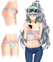 1futa abs aek-999_(girls'_frontline) bare_shoulders breasts bulge cellphone embarrassed erection erection_under_clothes eyewear_on_head female fully_clothed futanari girls'_frontline glasses grey_hair headphones highres human jockstrap lewdsuguri long_hair muscle navel panties pants penis phone ponytail skinny small_penis smartphone solo_futa sunglasses thigh_gap underwear x-ray yellow_eyes