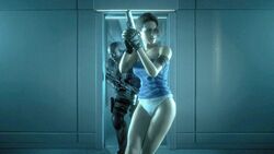 1boy 1girls 3d blue_top capcom casual female firearm handgun jill_valentine jill_valentine_(sasha_zotova) panties pistol resident_evil resident_evil_3 resident_evil_3_remake skirt_removed tyrell_patrick underwear weapon white_panties