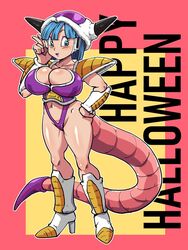 1girls battle_armor big_breasts blue_eyes blue_hair boots breasts bulma_briefs bulma_briefs_(frieza_saga) cleavage_cutout cosplay dragon_ball dragon_ball_z female female_only frieza_(cosplay) purple_lipstick rickert_kai shiny_skin shounen_jump smile solo_female