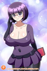 1girls big_breasts curvy_figure elite_four eye_contact female fully_clothed glasses large_breasts looking_at_viewer nintendo pokemon pokemon_bw purple_eyes purple_hair shauntal_(pokemon) short_hair short_purple_hair smile solo solo_female standing thick_thighs thighs yensh