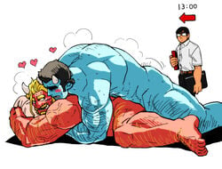 3boys anal ass bara beard black_eyes black_hair blonde_hair blue_oni blue_oni_(chijimetaro) blue_skin blush chijimetaro completely_nude couple facial_hair full_body giant_male hairy heart horns implied_sex lucky_student_(chijimetaro) male_focus male_only multiple_boys muscle nude oni oni_horns original pointy_ears red_oni red_oni_(chijimetaro) red_skin short_hair size_difference thick_thighs thighs timestamp