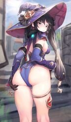 ass ass_grab ass_support back bangs black_hair blush breasts deep_skin detached_sleeves embarrassed female from_behind genshin_impact green_eyes highleg highleg_leotard huge_ass leotard long_hair looking_at_viewer looking_back mage medium_breasts mochirong mona_(genshin_impact) purple_headwear purple_leotard shiny shiny_hair shiny_skin sideboob solo sweatdrop thighs twintails very_long_hair