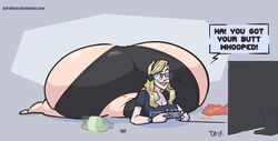 1girls animated ass ass_jiggle big_ass black_underwear blonde_hair breasts butt_jiggle cleavage controller english_text enormous_ass eyewear female flat_screen_tv gamer_girl gaming giant_ass glasses headset huge_ass huge_butt hyper hyper_ass hyper_butt hyper_testicles inori_(samyuu) large_ass long_hair playing_videogame shorts smile soda_bottle tail-blazer text thick_thighs thighs tv underwear video_games