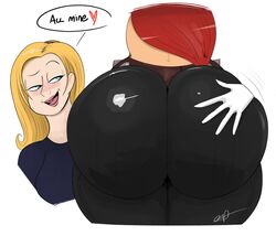 2girls ass ass_focus ass_grab ass_press ass_worship big_ass big_butt blonde_hair blue_eyes blush bottom_heavy bubble_ass bubble_butt butt_hug curvy fat_ass females females_only giant_ass hands_on_ass heart huge_ass hugging_ass katarina_du_couteau large_ass league_of_legends lipstick long_hair luxanna_crownguard ota_(artist) red_hair smile text thick thick_ass thick_thighs white_background wide_hips