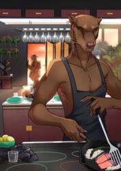 anthro bovid brown_body brown_fur caprine claws cooking detailed_background euplerid felix_(kevintheradioguy) food fossa fur genitals goat hi_res humanoid_genitalia humanoid_penis kevintheradioguy kitchen male male_only mammal penis tan_body tan_fur yellow_eyes