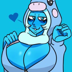 big_breasts blue_background blue_diamond_(steven_universe) blue_eyes blue_skin female female_only heart long_hair looking_at_viewer mr._chase_comix neckline pajamas smiling steven_universe thick_lips white_hair