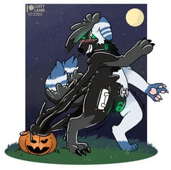 anthro blush chastity_(disambiguation) conditional_dnp denial drone food fruit full_moon goo_(disambiguation) halloween hi_res holidays liquid_latex lock_symbol lustylamb lycanroc male meowstic midnight_lycanroc moon multi_tail nintendo null_bulge nullge plant pokémon_(species) pokemon pumpkin rubber shiny_(disambiguation) solo transformation video_games