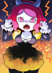 2020 animal_crossing boobs breasts cleavage covered_breasts cute dress dyed_hair fangs female female_only funny halloween halloween_costume mob_face muramasa_mikado murana_(muramasa_mikado) nintendo only_player pink_eyes pink_hair scaring scary villager_(animal_crossing) white_skin