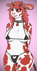 absurd_res anthro bell bell_collar big_breasts bikini bovid bovine breasts cattle clothing collar erimad female hands_behind_back happy heart hi_res mammal pepper_(erimad) simple_background solo string_bikini swimwear thick_thighs