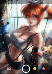 1girls abs axsens azumarill big_breasts breasts cosplay female female_only gloves green_eyes huge_breasts kasumi_(pokemon) midriff misty_(pokemon) orange_hair pokemon smiling solo tifa_lockhart_(cosplay) togepi