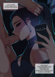 1boy 1girls abbb black_hair blowjob caption cellphone earrings eyeshadow fellatio female hair_grab hetero human human_only k/da_all_out_kai'sa k/da_all_out_series kai'sa league_of_legends not_furry phone ponytail straight text