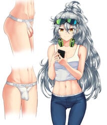 1futa abs aek-999_(girls'_frontline) bare_shoulders breasts bulge cellphone eyewear_on_head female flaccid fully_clothed futanari girls'_frontline glasses grey_hair headphones highres human jockstrap lewdsuguri long_hair muscle navel pants penis phone ponytail skinny small_penis smartphone solo solo_futa sunglasses thigh_gap underwear white_hair yellow_eyes