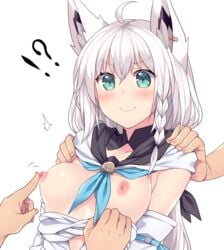 animal_ear_fluff animal_ears blue_eyes blush breasts disembodied_hand female female_focus fox_ears fox_girl green_eyes hand_on_shoulder hasu_(hk_works) hololive hololive_gamers hololive_gen_1 hololive_japan kemonomimi kitsune medium_breasts nipple_tweak nipples shirakami_fubuki shirt_down smile solo_focus virtual_youtuber white_hair