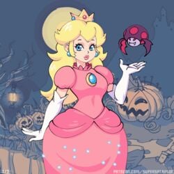 1girls animated blonde blue_eyes boobs bouncing_breasts breast_expansion breast_jiggle busty crown dress fangs female_only halloween jack-o'-lantern mario_(series) mushroom night nintendo nipple_bulge pointy_ears princess_peach pumpkin red_eyes solo stockings super_mario_bros. supersatanson tagme thigh_boots transformation vampire wings