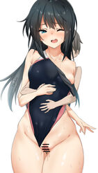 1boy asashio_(kantai_collection) bangs bar_censor bare_shoulders black_hair blue_eyes blush c@rbon censored collarbone competition_swimsuit cowboy_shot female from_behind grinding hug hug_from_behind kantai_collection little_boy_admiral_(kantai_collection) long_hair nipple_slip nipples off_shoulder one-piece_swimsuit one_eye_closed open_mouth penis simple_background straight sweat swimsuit swimsuit_aside thigh_sex thighs white_background