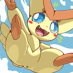 2020 2_toes 3_fingers anus big_ears black_nose blue_eyes blue_sclera blush cloud digital_media_(artwork) fangs fingers gesture legendary_pokémon low-angle_view mammal nintendo open_mouth pokémon_(species) pokemon sky smile spread_legs spreading toes tokemaru tongue v_sign victini video_games wings