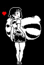 angstrom back_view big_breasts big_nipples chara edit female female_only full_body gigantic_breasts heart huge_breasts hyper hyper_breasts hyper_nipples large_nipples looking_at_viewer looking_back near_monochrome nipple_bulge pixel_art pixelated sabs3 seductive_smile short_sleeves shorts small_but_busty small_waist smirk solo solo_female sprite standing thick_nipples top_heavy undertale