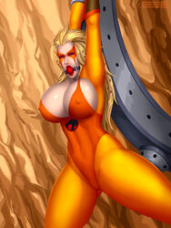 1girls arms_up ball_gag blonde_hair bodysuit bound bound_wrists breasts cameltoe cheetara cleavage closed_eyes clothed female female_only gag hi_res huge_breasts leotard long_hair nipple_bulge skin_tight solo solo_focus svoidist thick_thighs thundercats wide_hips