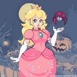 1girls animated bare_breasts blonde blue_eyes boobs bouncing_breasts breast_expansion breast_jiggle busty crown dress fangs female_only halloween jack-o'-lantern mario_(series) mushroom night nintendo nude pointy_ears princess_peach pumpkin red_eyes solo stockings super_mario_bros. supersatanson tagme thigh_boots transformation vampire wings