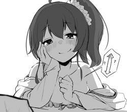 bangs bare_shoulders blush closed_mouth female greyscale hair_between_eyes handjob_gesture hololive hololive_gen_1 hololive_japan long_sleeves looking_at_viewer monochrome natsuiro_matsuri nejime sexually_suggestive side_ponytail smile solo upper_body virtual_youtuber