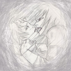 1boy 1girls age_difference crying female forced grabbing_shoulders holding_head licking_face looking_away male mitarashi_anko monochrome naruto orochimaru teacher_and_student tongue