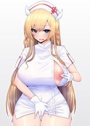 1girls areolae azur_lane blonde_hair blue_eyes braid breasts clothes_pull embarrassed female female_only fingering gloves hat highres huge_breasts kira_kazuki kongou_(azur_lane) kongou_(hospital_talent)_(azur_lane) large_areolae light-skinned_female light_skin nipples nurse nurse_cap one_breast_out sakura_empire_(azur_lane) skindentation solo wide_hips