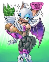 1girls anthro bat_wings big_areola big_breasts blue_eyeshadow color female female_only goudadunn hi_res highres huge_breasts large_breasts master_emerald_shard muscular_thighs nipple_slip rouge_the_bat seductive shortstack solo sonic_(series) teasing wardrobe_malfunction white_hair