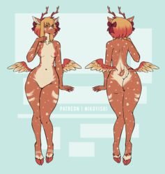 2021 anthro antlers ass autumn_(demonagogue) blonde_hair breasts brown_body brown_fur cervid cloven_hooves digital_media_(artwork) english_text feathered_wings feathers female fur hair hi_res hip_wings hooves horn looking_at_viewer mammal markings model_sheet nikoyishi nipples nude pear-shaped_figure ribbons simple_background small_breasts solo spread_wings tan_body tan_fur text wide_hips wings