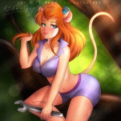 anthro ass background big_breasts blue_eyes blush breasts chip_'n_dale_rescue_rangers disney female female_only furry gadget_hackwrench goggles goggles_on_head happy high_resolution huge_ass huge_breasts humanoid kgfantasy large_ass mammal mouse orange_hair outdoor outfit shorts signature tagme text thick_thighs white_fur